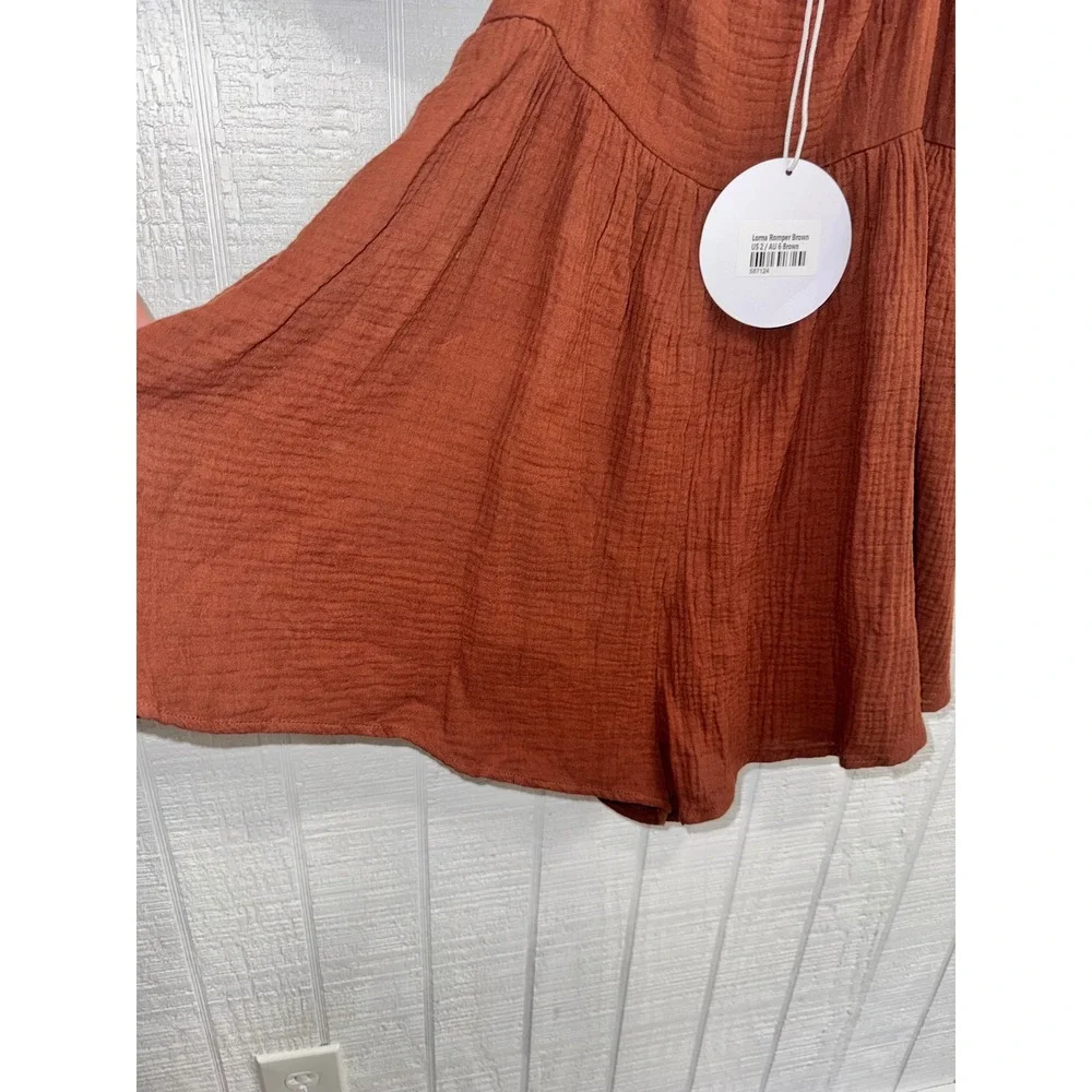 Princess Polly Lorna Romper Women Brown Puff Sleeve Cotton Gauze US 2 NEW